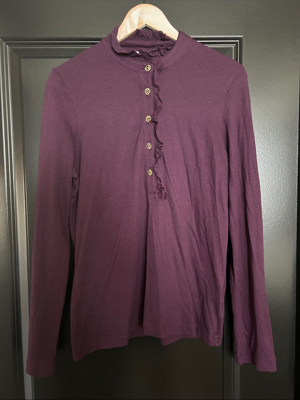Tory Burch Lidia dark purple ruffle long sleeve polo size XL EUC
